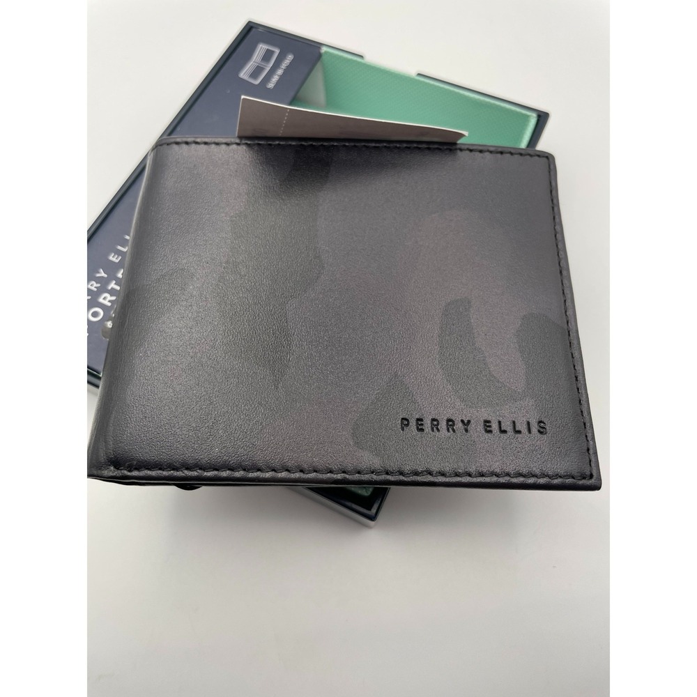Perry Ellis Portfolio Mens Black Leather Slim Bifold Wallet Tonal Camo Pattern